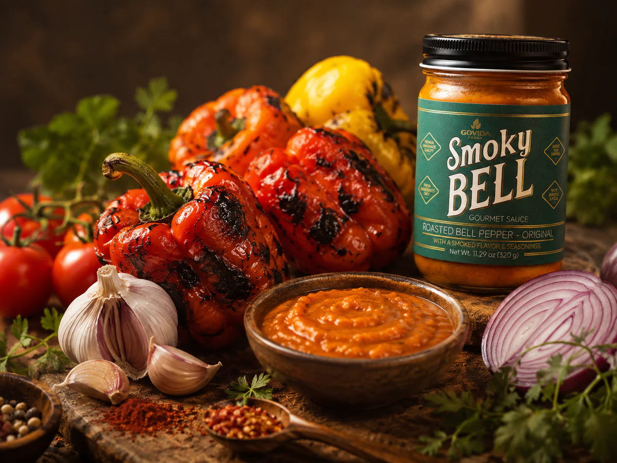 Roasted bell peppers, tomatoes, garlic, herbs, Smoky Bell sauce, and an Original jar on a rustic table.