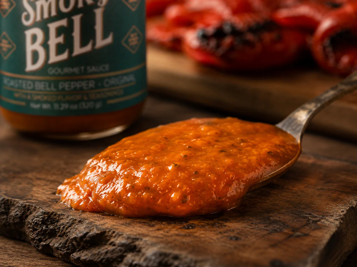 A spoonful of Smoky Bell roasted bell pepper sauce showing its rich texture and seasoning flecks.