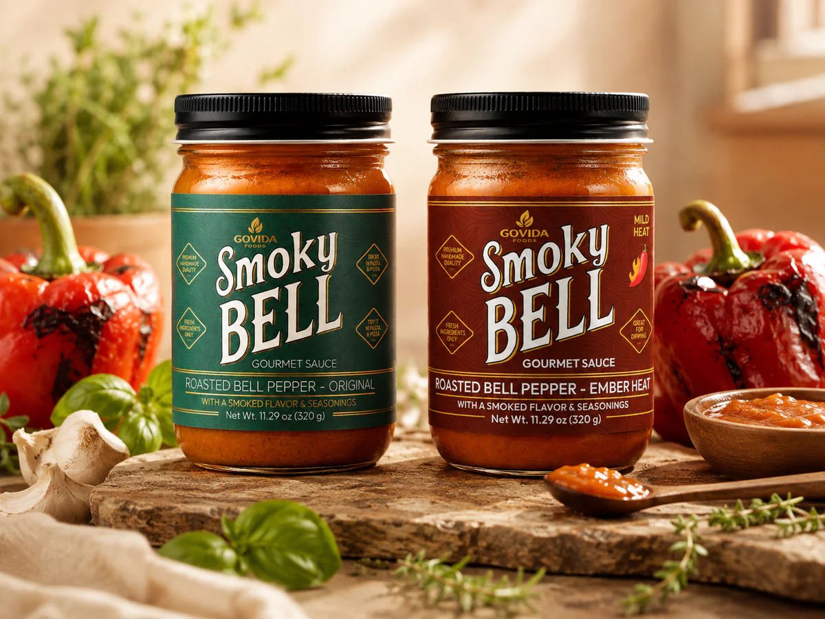 Smoky Bell Original and Ember Heat Mild Heat jars with roasted peppers and ingredients.