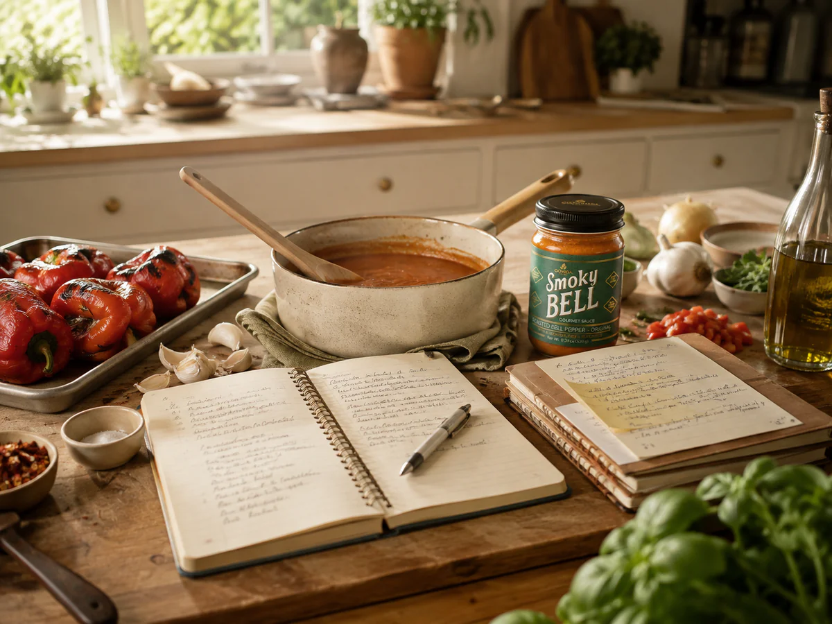 Smoky Bell Original jar beside roasted peppers, sauce, and recipe notebooks in a sunlit kitchen.