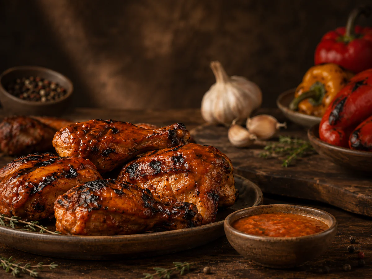 Grilled chicken glazed with Smoky Bell sauce beside a bowl of sauce.
