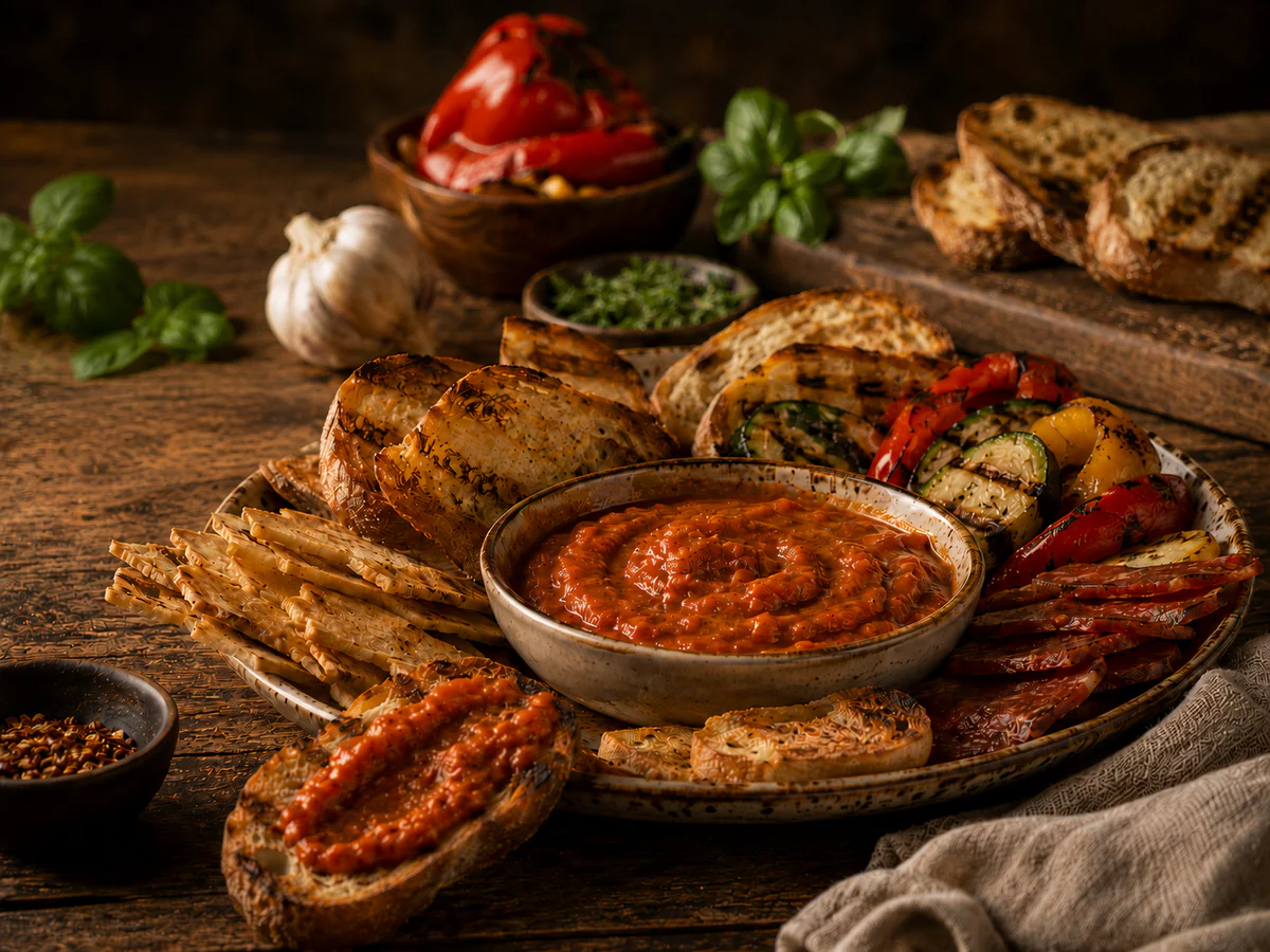 A shared appetizer platter with bread, grilled vegetables, and Smoky Bell sauce for dipping.
