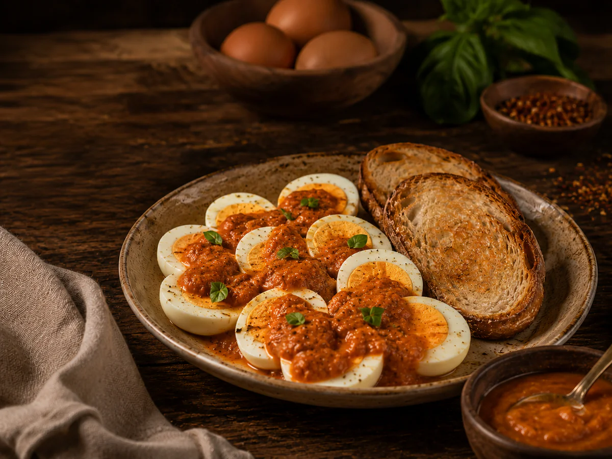 Sliced hard-boiled eggs topped with Smoky Bell sauce beside toast.
