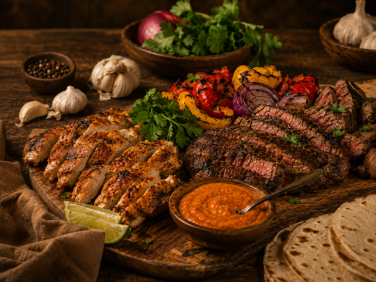 Grilled chicken and steak with roasted vegetables and Smoky Bell sauce.
