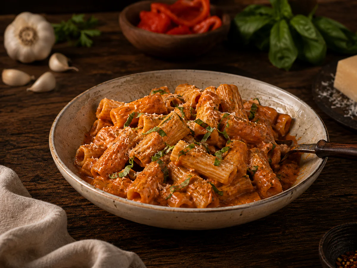 Rigatoni coated in Smoky Bell sauce with basil and Parmesan.