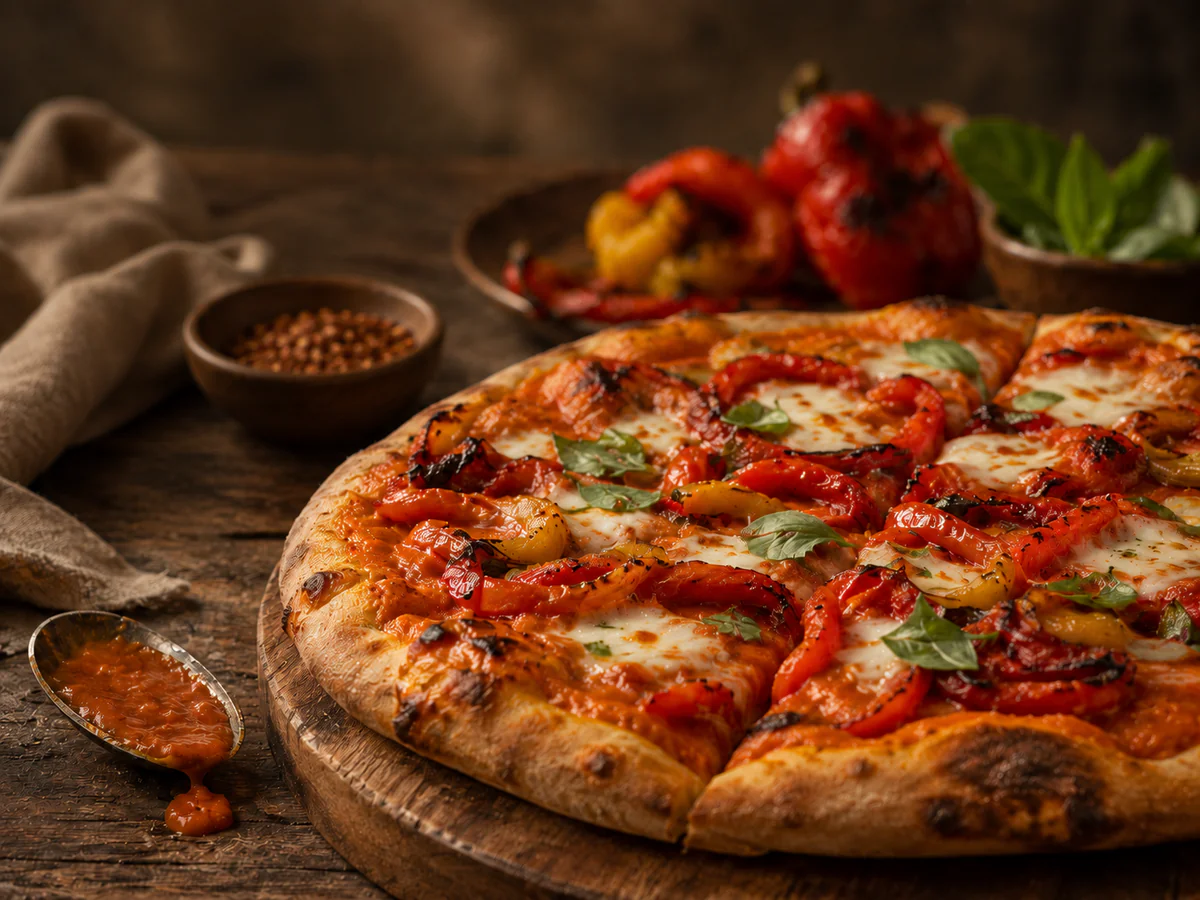 Roasted pepper pizza made with Smoky Bell sauce.