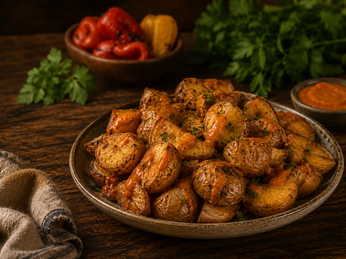 Roasted potatoes drizzled with Smoky Bell sauce.