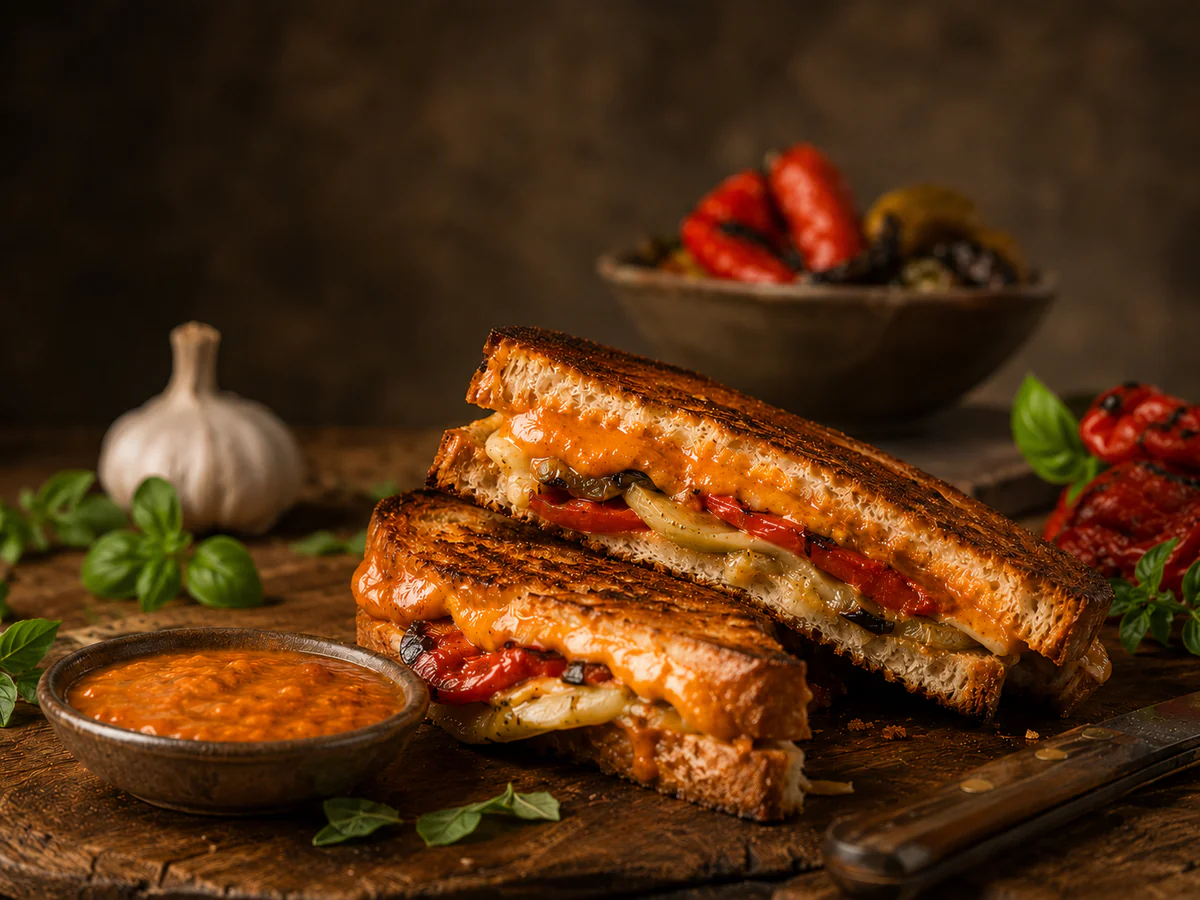 A toasted sandwich with roasted peppers, melted cheese, and Smoky Bell sauce.