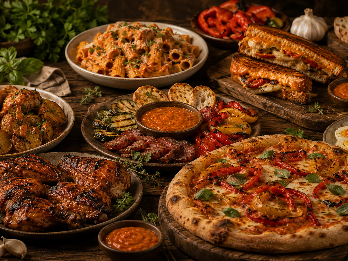 A rustic feast spread showing multiple ways to enjoy Smoky Bell, including pasta, grilled meats, roasted potatoes, bread, and dipping sauce.