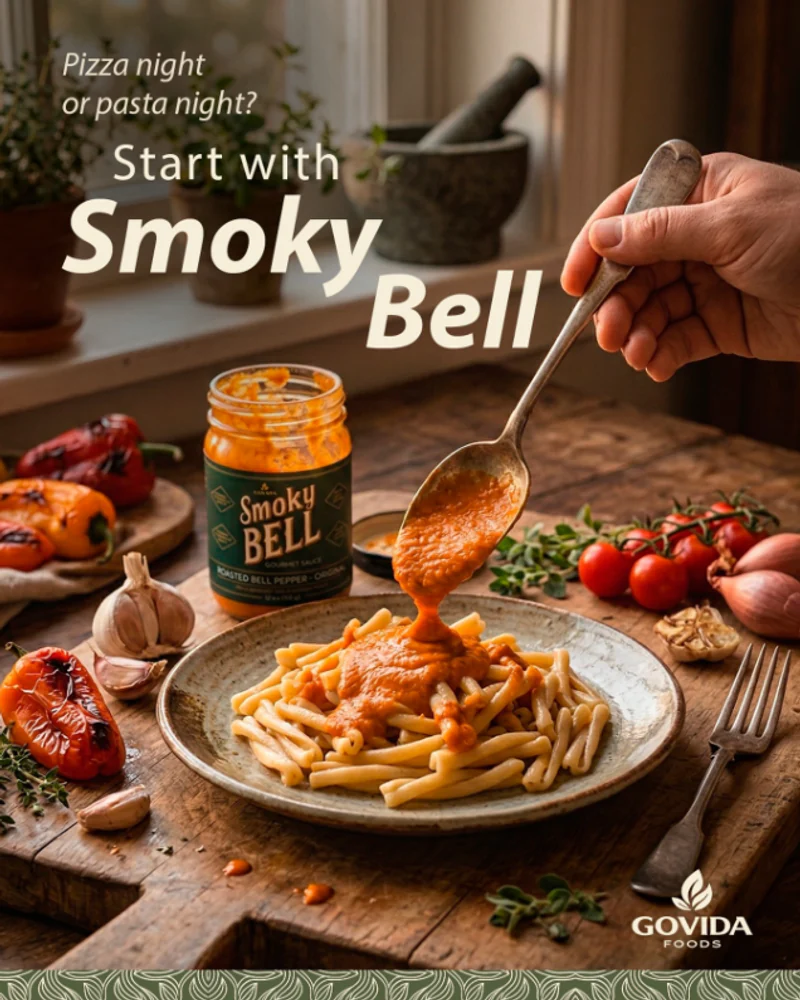 Smoky Bell sauce being spooned over pasta in a rustic kitchen scene.