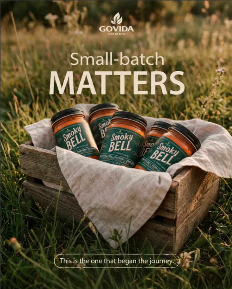 Smoky Bell Original jars arranged in a wooden crate in a grassy field.