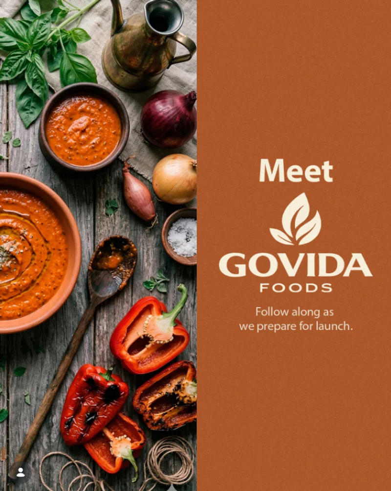 Meet Viva Saturday Foods graphic with roasted peppers, sauce, herbs, and the brand logo.